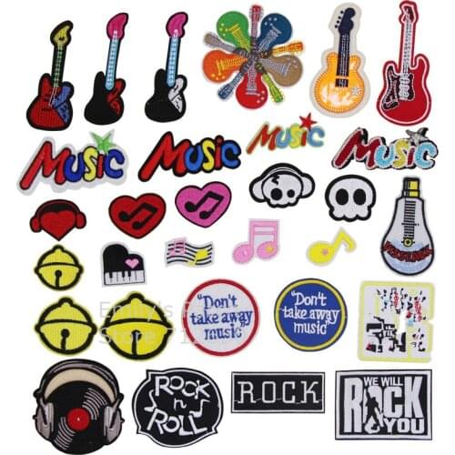 10 pcs Rock Musical Notes Guitar Bell Embroidered Motif Cartoon Applique embroidery patches diy accessory free shipping