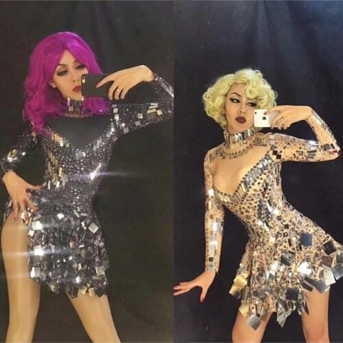 Shining Silver Mirrors Stone Dress Female Singer Dancer Bright Bodysuit Women Nightclub Singer Party Dress Rave Outfits XS1925