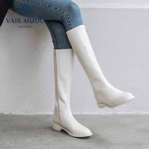 Women Winter Motorcycle Boots New Patent Leather Adult Fashion Low Heel Black White Blue Brown Colour Female Lady Shoes ZT81L