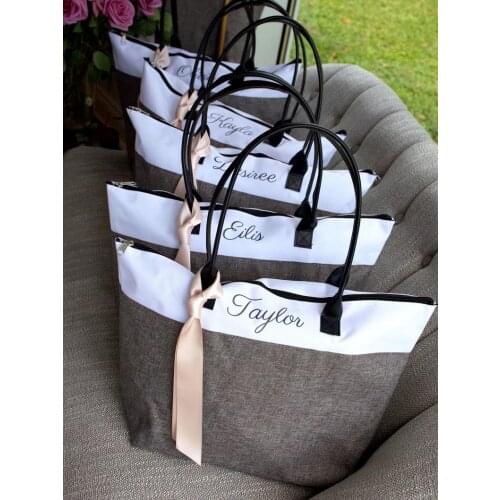Available mid June. Bridesmaid Tote (Qty. 1). Personalized Bridesmaid Gift Bags. Custom Name Bag. Zipper Tote. GRTBlH