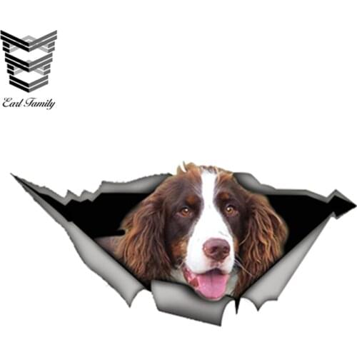EARLFAMILY 13cm x 6.2cm Brown and White Springer Spaniel Car Sticker Torn Metal Decal Reflective Stickers Funny Pet Dog Decals