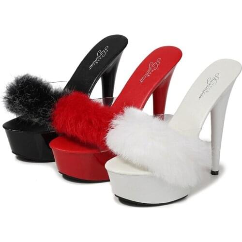 European And American Rabbit Fur Transparent High Heels Platform Open Toe Sexy Stiletto Sandals For Ladies Summer Party Pumps