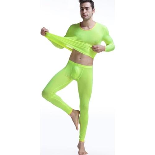 Long Johns man Based underwear male mens suit elastic thin silk skating silk translucent round collar long Johns suit