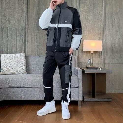 Autumn mens Stylish Tracksuit Patchwork zipper Jacket + Pants suit Two Pieces Set Streetwear Suit Running Sportswear Hip-hop