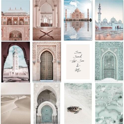 Blue Boho Wall Art Landscape Paints Pictures Seascape Mosque Castle Modern Canvas Paintings Living Room Decoration Home Decor