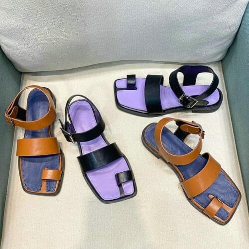 2021 New Split Toe Sandals Female Taro Purple Square Head Word Buckle Roman Open Toe Thick Heel Sandals