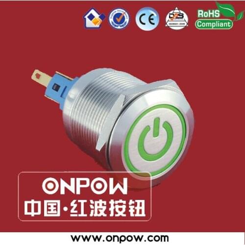 ONPOW 22mm stainless steel latching ring illuminated pushbutton switch with illuminated power symbol GQ22-11ZET/G/12V/S