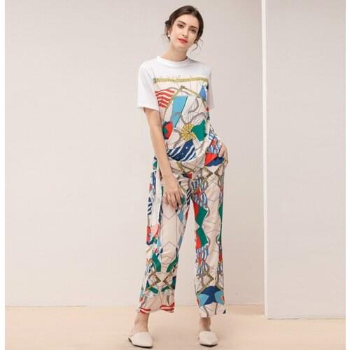 Wholesale Runway Women Twinsets Summer High Quality Fashion New Bow T-Shirt Top+Flag Prit Colorful Loose Pants Suits