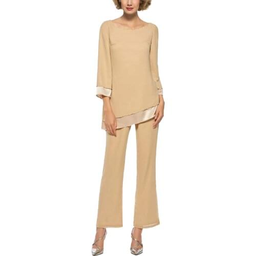 Champagne Mother of Bride Dress Womens 2-Pieces Set Pant Suits Bussiness Elegant Formal Chiffon Plus Size for Formal Wedding