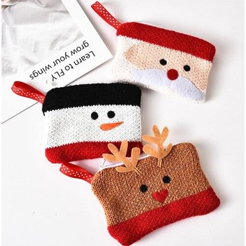 Christmas Square Knitted Coin Purse Cute Cartoon Santa Elk Snowman Face Small Money Key Pockets Organizer Purses Dropship