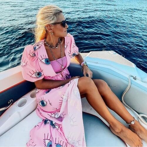Bikini Chiffon for Beach Long Kaftan Bikini Cover Up Plage Sarong Beach Swimsuit White and Pink Eyes Bikini Beach Cover Up