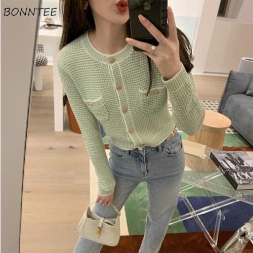 Sweaters Women Spring Elegant Lady Striped Slim Knitting Pockets Long Sleeve All-match Lovely Trendy Girls Vintage Popular Mujer