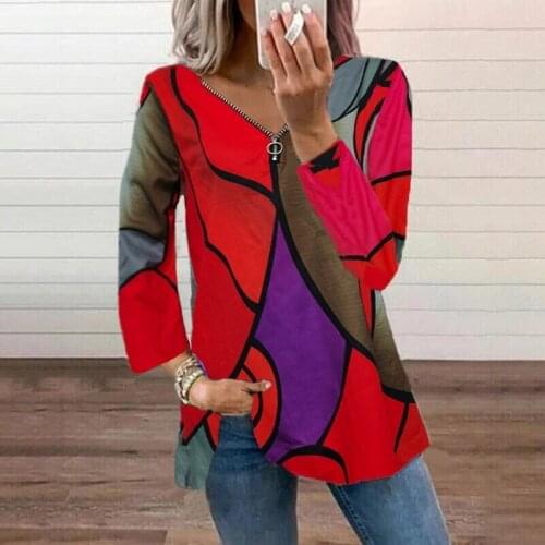 Streetwear Women Pullover Tops Autumn Fashion V-Neck Zipper Long Sleeve Female Blouse Elegant Geometric Print Loose Casual Shirt