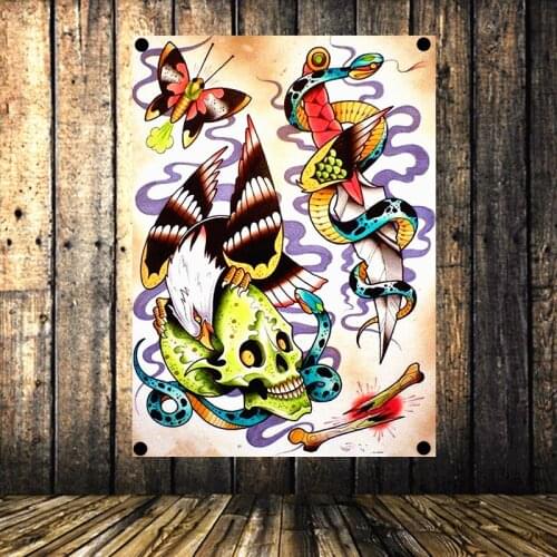 Old school Vintage Banners Flag 4 Gromments in Corners Canvas Painting American Neo Traditional Tattoo Gun Art Poster Tapestry