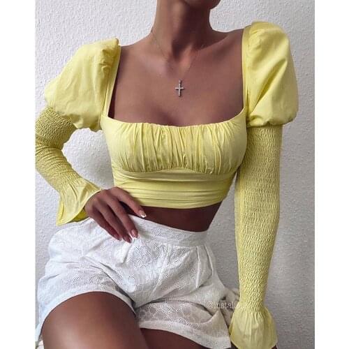 Colysmo Cropped Tops Blouse Women Autumn Solid Color Vintage Square Collar Long Flared Sleeves Pleated Wrinkled Blusas Mint 2020