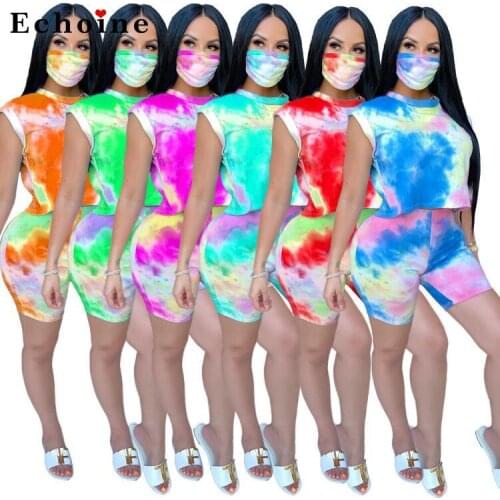 Womens Fashion Tie-Dye Printed O-Neck Casual Sports Tops 2 Pcs Set Short Pants Tracksuit Jogger Homewear Fitness Female Clothes