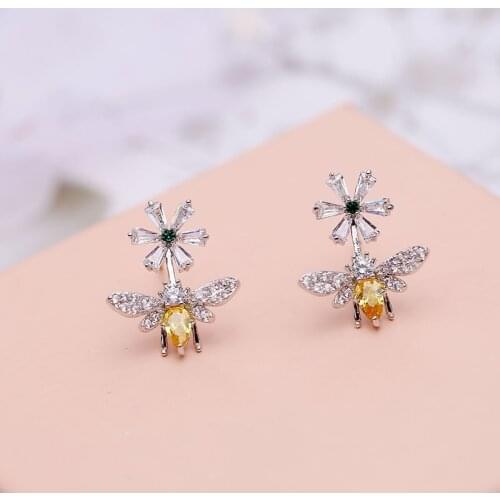 Fashion New Cute Sunflower Bee Earrings White Yellow Zircon Earrings Animal Girls Earrings Jewelry Gifts 925 Sterling Silver