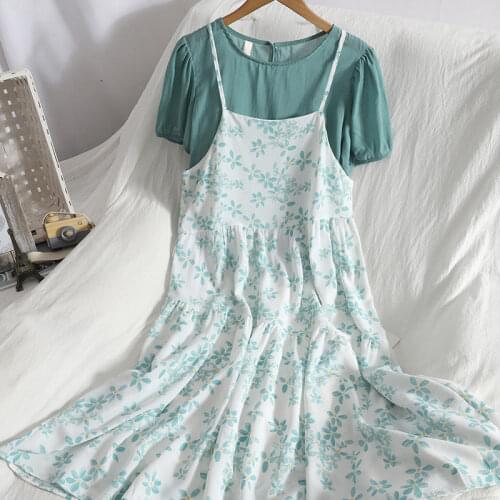 Summer All-match Round Neck Short Sleeve Shirt+Sweet Floral Lotus Leaf Sling Dress Two Piece Female 2021 New Korean Suits aq1178