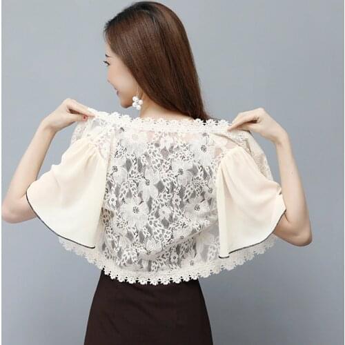 Lace Shrug Hollow Out Flowers Tops Women Summer Butterfly Short Sleeve Outwear Female Black White Floral Lace Open Short Shrug