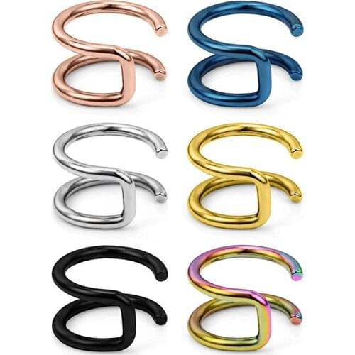 14G Stainless Steel Gothic Clip on Non piercing Double Fake Cuff Lip Nose Ring Septum Hoop Women Girls Men 6pcs