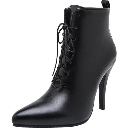 AGODOR Women Pointed Toe Ankle Boots Super Thin High Heel Winter Boots Lace Up Ankle Boots Shoes Black Boots Big Size 34-48