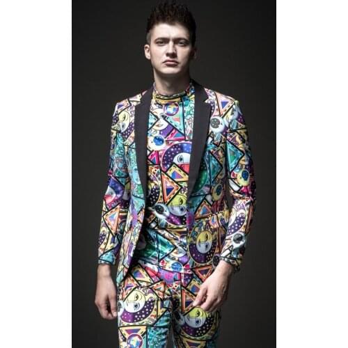 Free Shipping mens male man casual Night shines 2019 printed suit jacket BY183106006 and cropped trousers BY183115007 2 pcs set