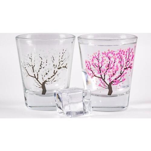 GIEMZA 2oz Glass Wine Discoloration When Cold Ice Small Cup Color Changing Flower Peach Tree Blossom Cherry