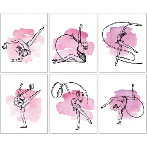 Girl Gymnastics Wall Art Deco Prints-Set of 6 Poster Images-Pretty Pink Room-Dancing Decoration Ballroom Poster