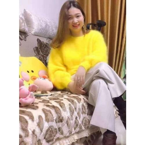 Elegant Fashion Fluffy hairy women winter 100% long mink cashmere angora fur warm lantern batwing long sleeves Pullover sweater