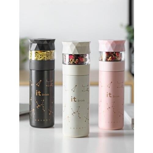 Creative Stainless Steel Thermos Cup Vacuum Flask Heat Preservation Tea Strainer Separation Infuser With Button Portable Mug