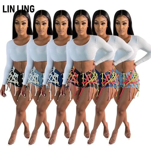 LINLING Summer Versatile High Elastic Washed Corns Bandage Jeans Street Style Middle Waist Open Navel Shorts