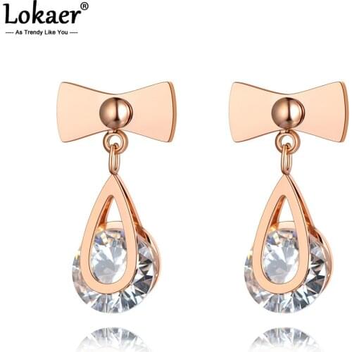 Lokaer Trendy Titanium Stainless Steel Bowknot Stud Earrings For Women Girls Bohemia CZ Crystal Wedding Earrings Jewelry E20081
