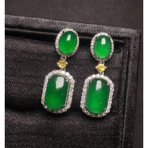 New silver inlaid full diamond natural square green chalcedony earrings exquisite temperament luxury ladies brand jewelry