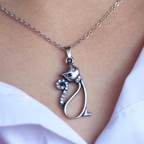 1pc New Crystal Miss Cat Stainless Steel Animal Pendant Necklace Cute Kitten Necklaces Women Kids Girls Christmas Jewelry Gift