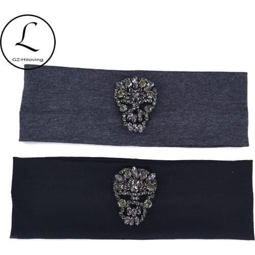 Casual Women Shinny Rhinestone Skull Headbands Heard wrap 2019 Ladies Black Elastic Cotton Hair Bands Accessories For Party Yoga