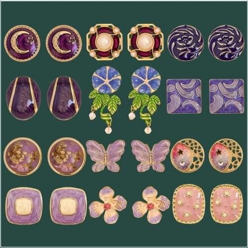 VINTAGE EARRINGS oil dripping enamel enamel Vintage Antique modern purple anti allergy cold wind French ear