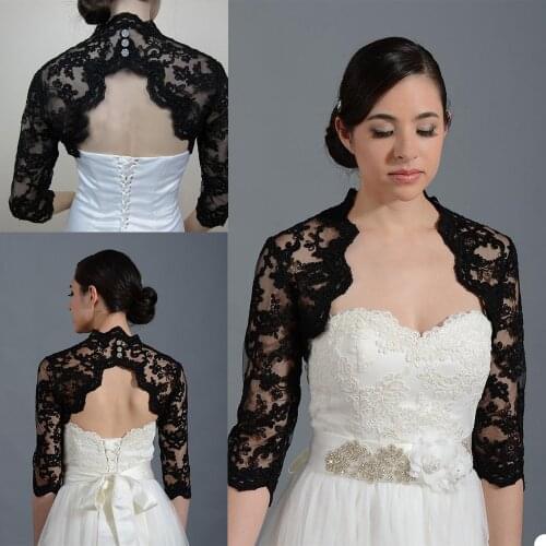 Vintage Bridal Jackets Black Bolero Wedding Top Lace Appliques Long Sleeve Custom Made Button Back Plus Size Bridal Accessories