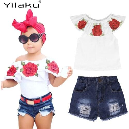 Yilaku Toddler Girl Clothes Summer Girl Clothes Sets Off Shoulder + Shorts Baby Girls Clothes Suit Rose Ruffled T Shirt YY094