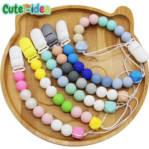 Cute-idea Pacifier Clips 1set Teether Pendant Handmade Chewable Necklace BPA Free Food Grade Silicone Beads Baby Teething Chain