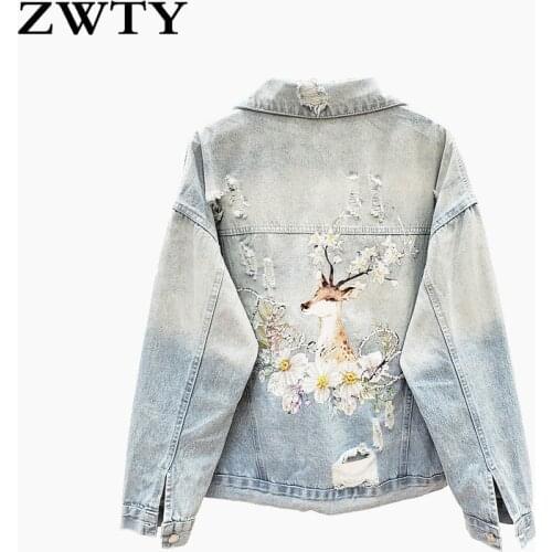 ZWTY Spring Loose Harajuku Beading Sequins Deer Print Blue Hole Denim Gacket Women Streetwear Autumn Casual Gean Gacket