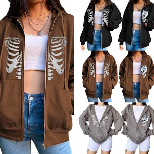 Halloween Women Zip-up Autumn Hooded Sweatshirt Skeleton Skull Print Loose Fit Long Sleeve Pullover Hoodies with Pockets