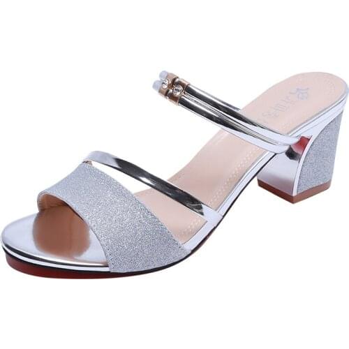 Jumpmore Women Slipper Sandals 2021 Summer Korean High Heel Womens Shoes Fashion Rhinestone Women Sandals Size 34-40