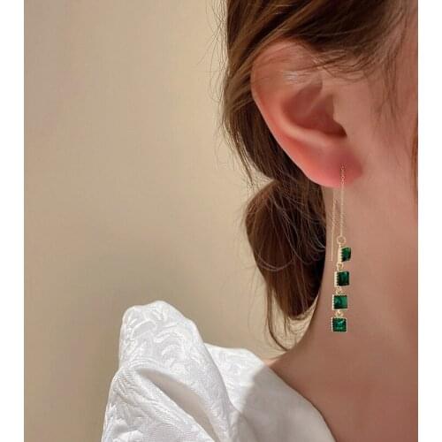 Simple Fashion Ear Line Piercing Earrings for Women Vintage Green Square Crystal Dangle Earrings Korean New Design Jewelry