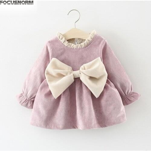 FOCUSNORM Autumn Winter Girls Princess Dress 0-3Y Solid Big Bowknot Ruffles Long Sleeve Mini A-Line Dress