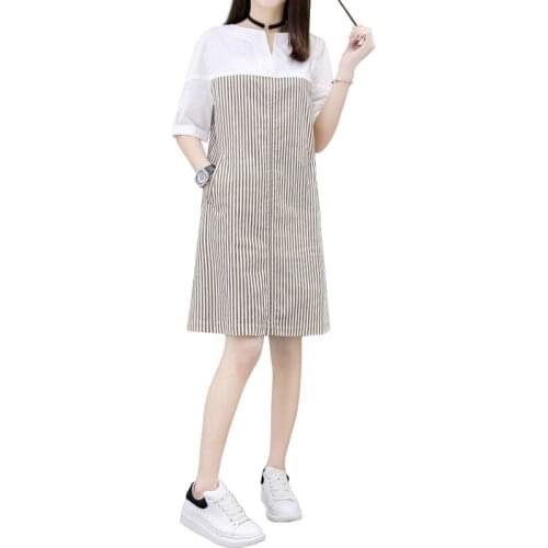 European and American womens summer short-sleeved striped dress cuffs embroidered loose A-line bottoming dress
