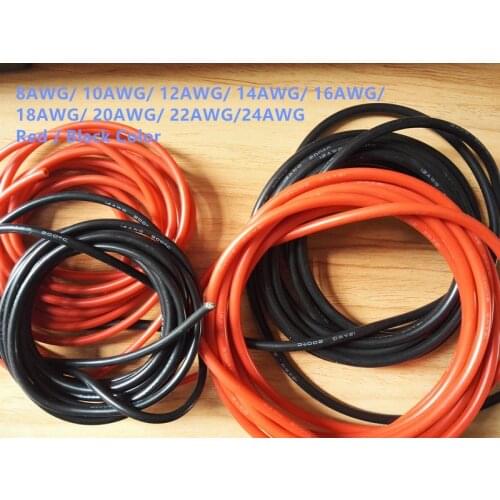 1 Meter Red and 1Meter Black Silicon Wire 8AWG 10AWG 12AWG 14AWG 16AWG 18AWG 22AWG Heatproof Soft Silicone Silica Gel Wire Cable