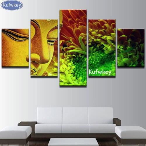 5 Piece Buddha statue Diamond Painting Full Square Round Diamant Painting Mosaic 3d Cross Stitch Diamond Pattern Green Flower