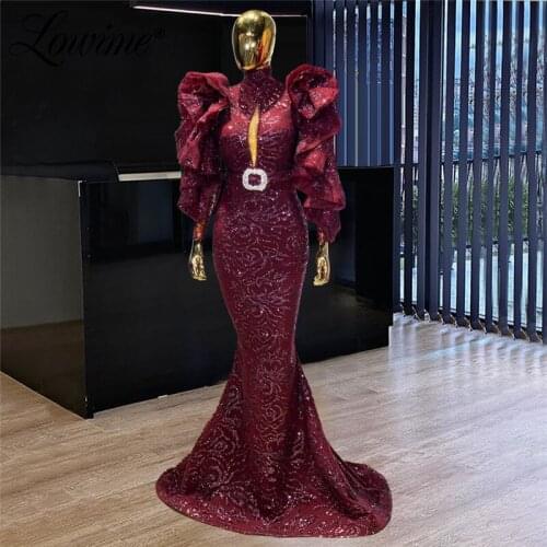 Glitter Evening Dress Burgundy Long Mermaid Party Gowns Vestidos De Noche Dubai Full Puffy Sleeves Special Design Prom Dresses