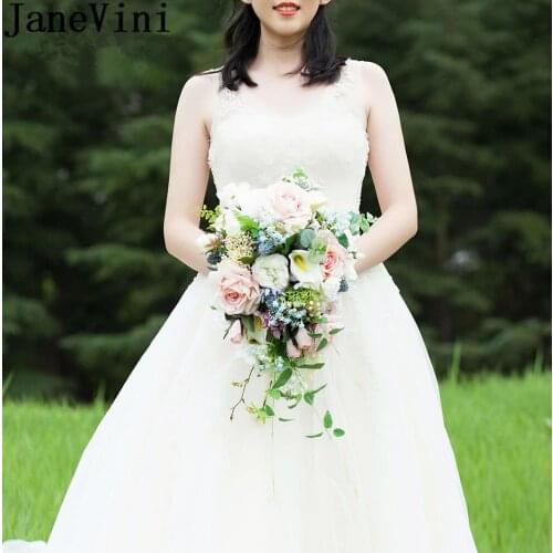 JaneVini 2020 Waterfall Wedding Flowers Bridal Bouquet Pink Rose Artificial Green Leaves Calla Lily Handmade Bride Brooch Flower