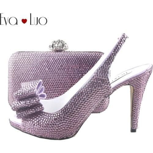 BS924 Custom Handmade Lavender Crystal Bow Slingbacks Shoes with Matching Bag High Heels Women Shoes Bridal wedding Shoes